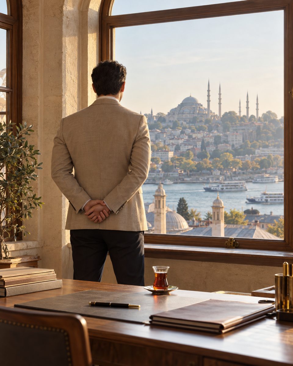 Fatih'teki ofisin penceresinden Haliç'e ve Süleymaniye'ye bakan, elleri arkasında kendinden emin duran mali müşavir